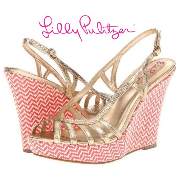 Lilly Pulitzer Shoes - LILLY PULITZER Sophie Strappy Wedge Sandals Coral Zigzag Metallic Gold Size 6.5